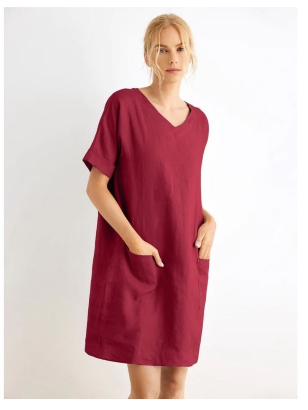 Grae Cove Red Isla 100% Linen V Neck Dress with Pockets Size M